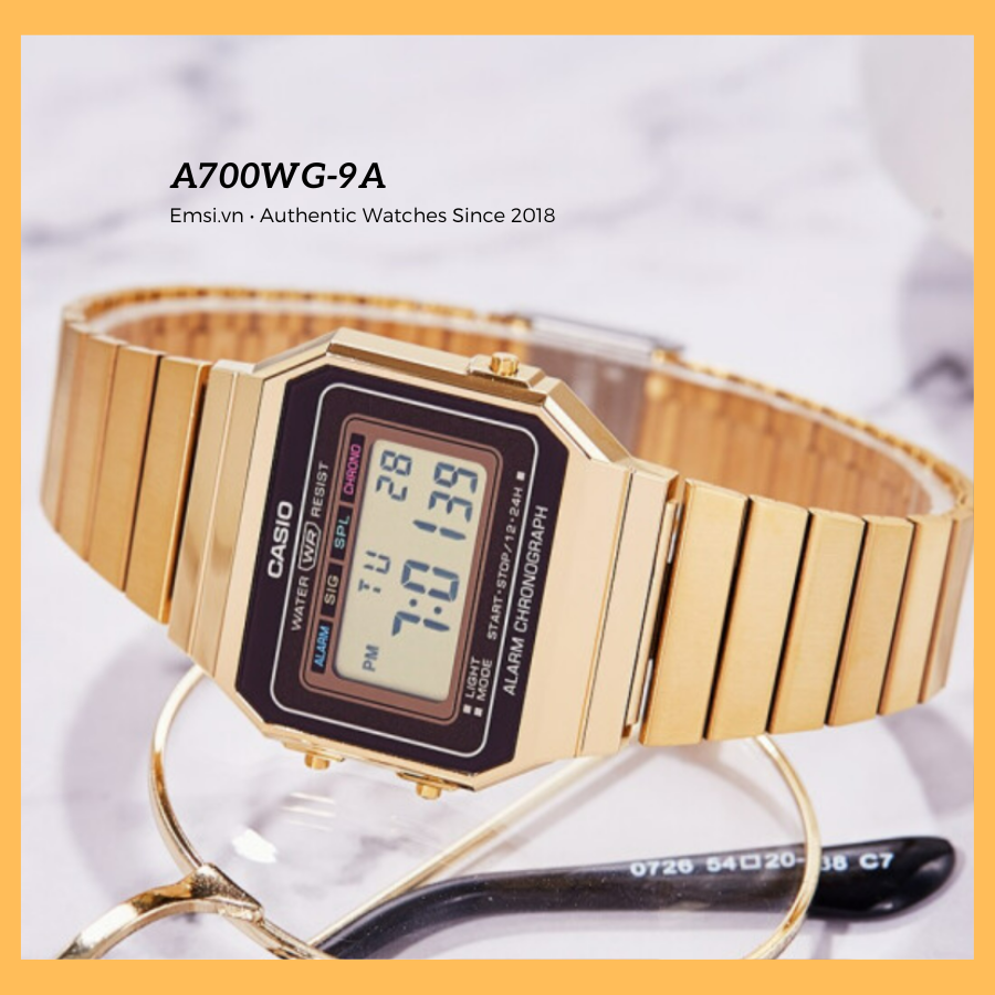 Casio A700WG-9ADF - Đồng Hồ Unisex - Điện Tử - Kính Khoáng - Size Mặt 35.5mm EMSI.VN