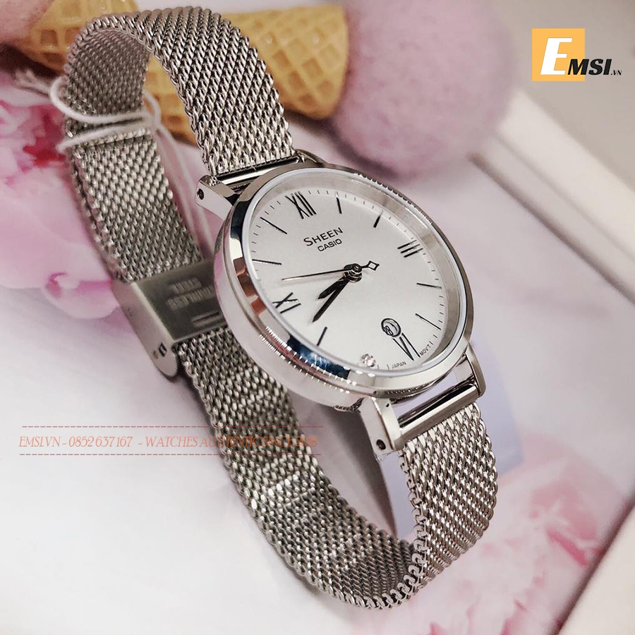 CASIO SHE-4540M-7AUDF (4539M) – NỮ – KÍNH SAPPHIRE – QUARTZ (PIN) – DÂY KIM LOẠI – MẶT SỐ 28mm