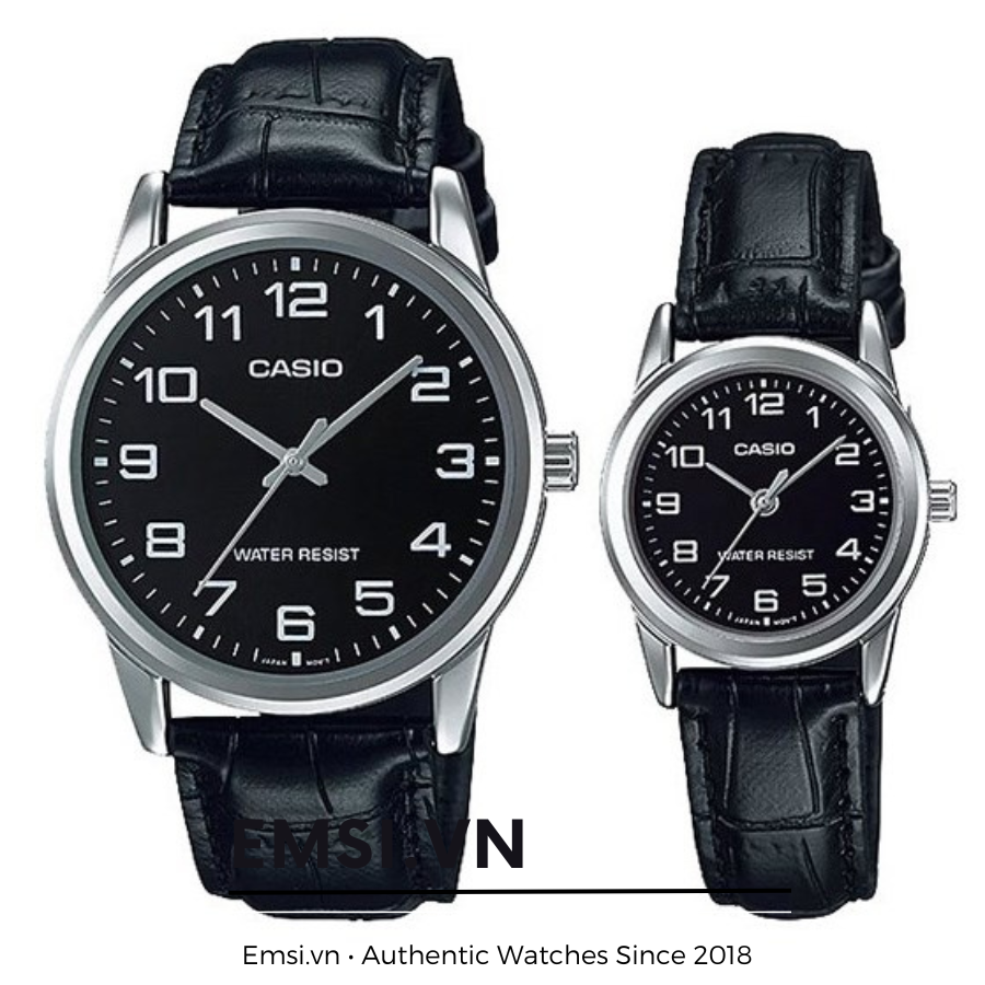 Đồng Hồ Cặp Đôi Casio MTP-V001L-1BUDF và LTP-V001L-1BUDF Dây Da - Mặt Số Màu Đen