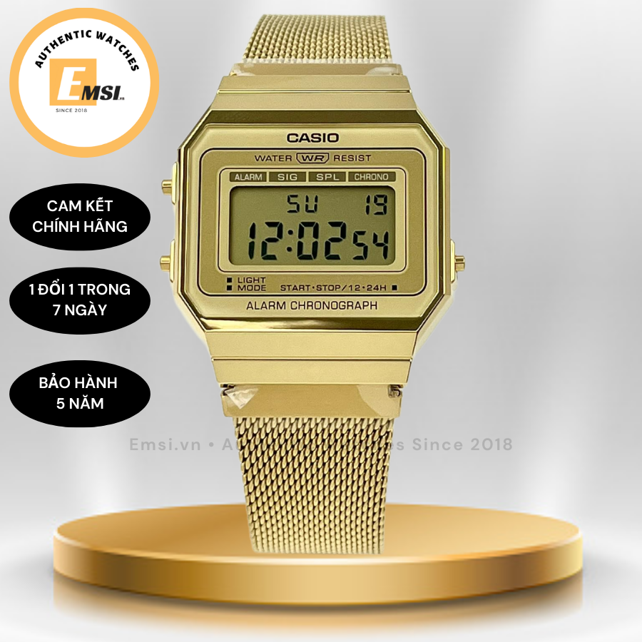 Đồng hồ nam nữ Vintage Casio A700MWG-9A - Kích thước vỏ : 37,4×35,5×6mm
