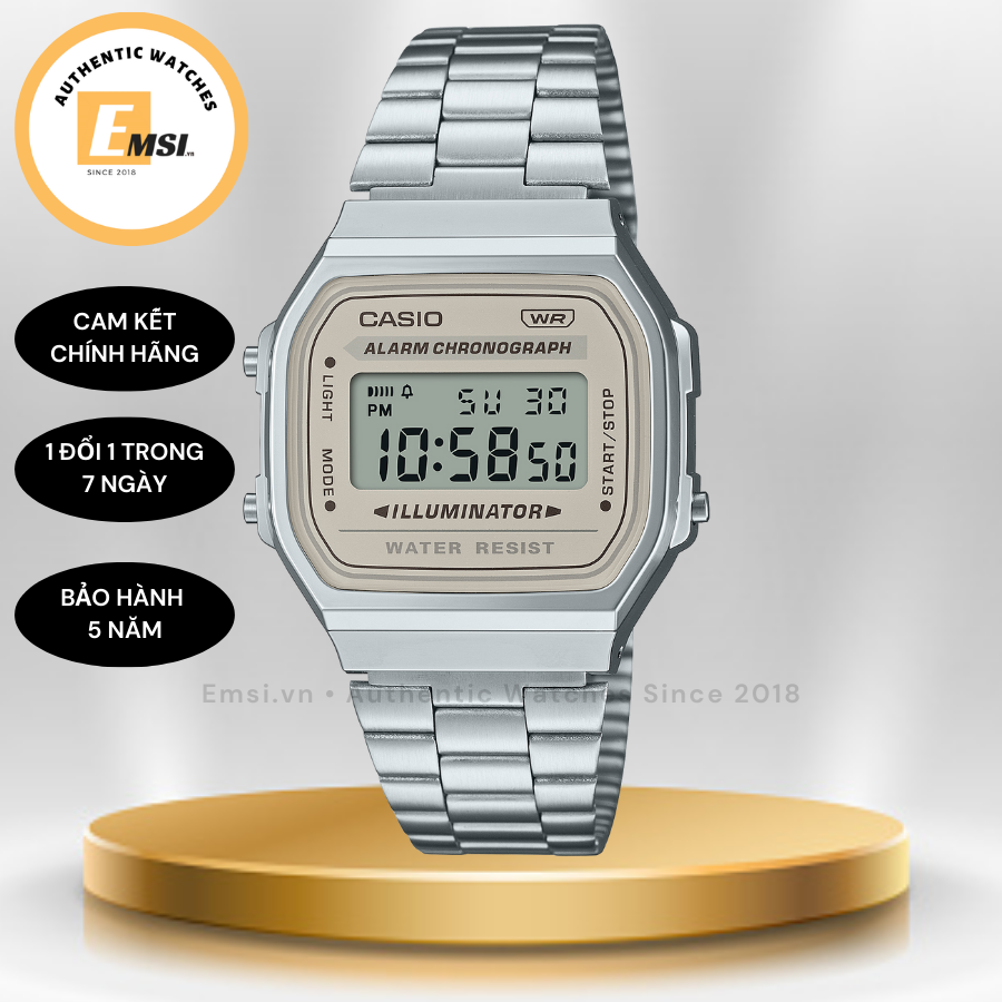 Đồng hồ đeo tay nam bằng thép không gỉ kỹ thuật số Casio Vintage Quartz A168WA-8A