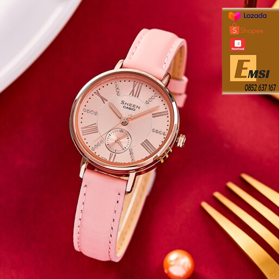 Đồng Hồ Nữ Casio Sheen SHE-3066PGL-4AVDF Dây Da Màu Hồng - Viền Mặt Mạ Vàng