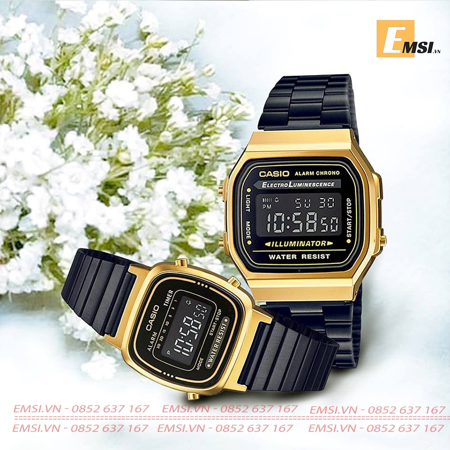 CASIO DIGITAL UNISEX cặp (A168WEGB-1BDF - LA670WEGB-1BDF) QUARTZ (PIN) dây kim loại - Chính Hãng