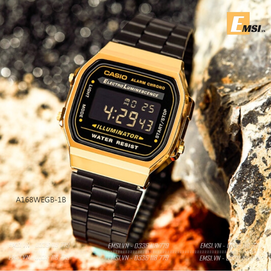 Đồng hồ Casio Nam A168WEGB-1B -  Nam - Kính Nhựa - Dây Thép - Emsi.vn