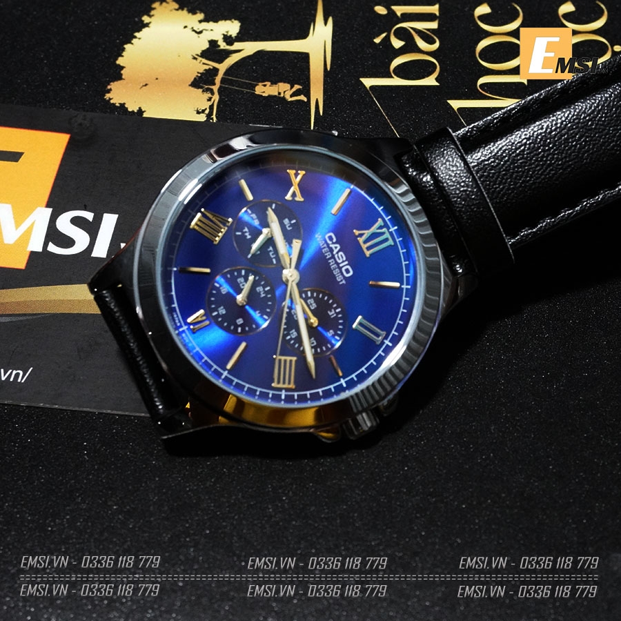 Đồng Hồ Nam Casio MTP-V300L-2A Dây Da Màu Đen - Nền Mặt Xanh - Mặt Số La Mã Mạ Vàng