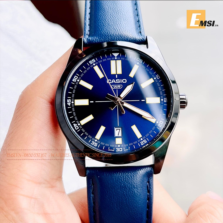 MTP-VD02BL-2E | Đồng Hồ Casio | Nam | Dây Da Màu Xanh | Vỏ Mạ Ion Đen | Chống Nước