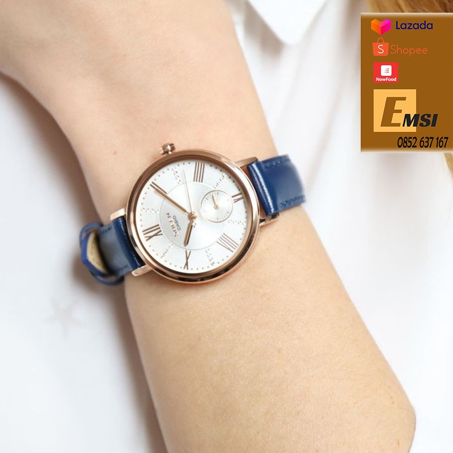 Đồng Hồ Casio Nữ Sheen SHE-3066PGL-7AVDF Dây Da Màu Xanh - Viền Mặt Mạ Vàng Hồng