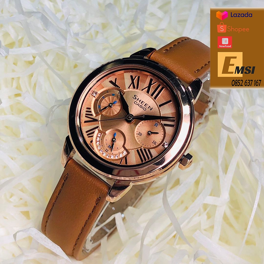 Đồng Hồ Nữ Casio Sheen SHE-3059PGL-5A Dây Da Màu Nâu