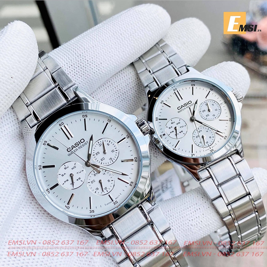 Đồng hồ cặp đôi Casio MTP-V300D-7A & LTP-V300D-7A Dây kim loại - Mặt trắng - Chống nước