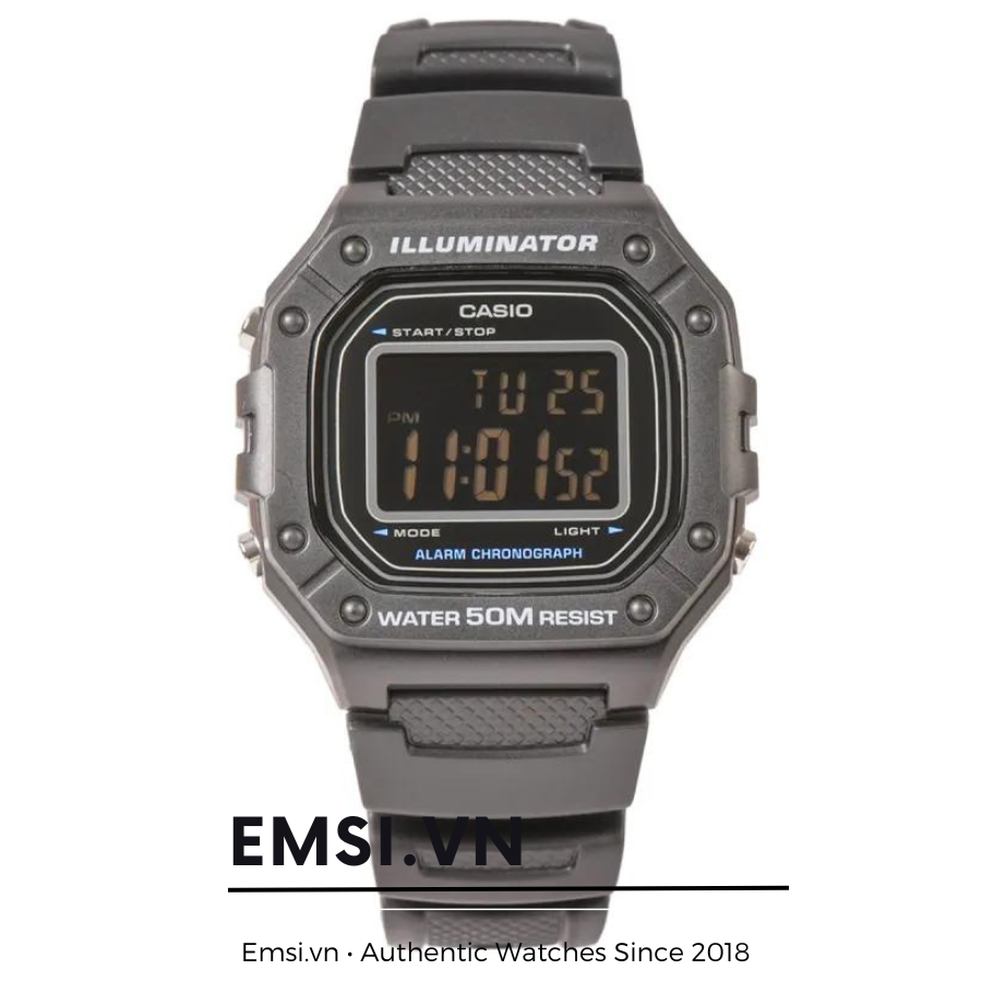 Đồng Hồ Casio W-218H-1B Dây Đen Mặt Đen Kính Nhựa | Đồng hồ nam điện tử - Chính hãng