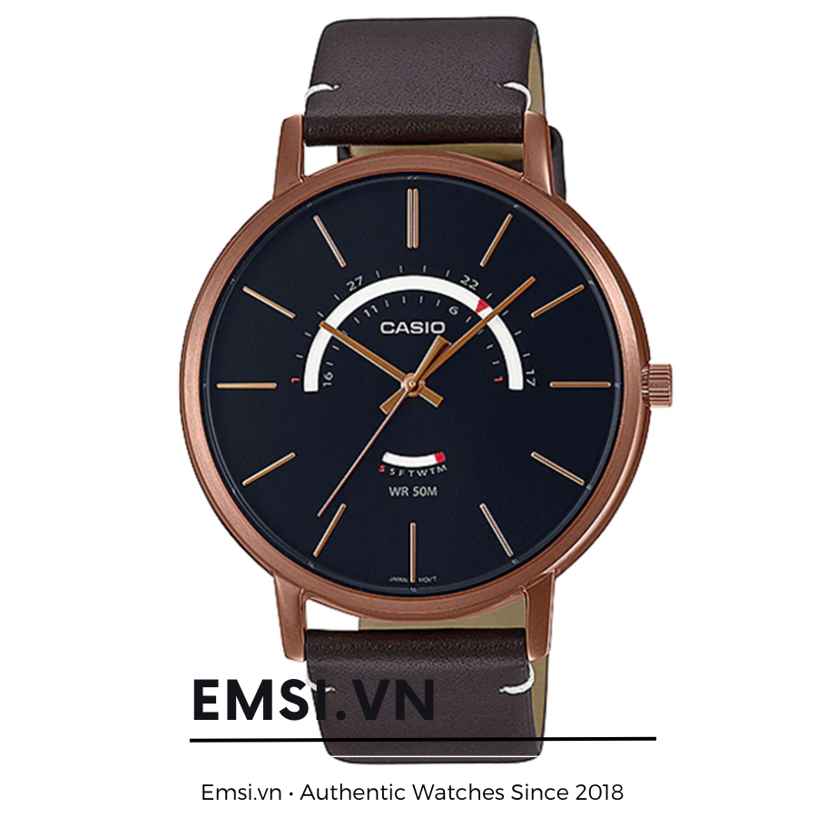 MTP-B105RL-1AV | Đồng Hồ Casio | Nam | Dây Da Màu Nâu | Vỏ Mạ Vàng Hồng | Chống Nước WR50M - Emsi.vn