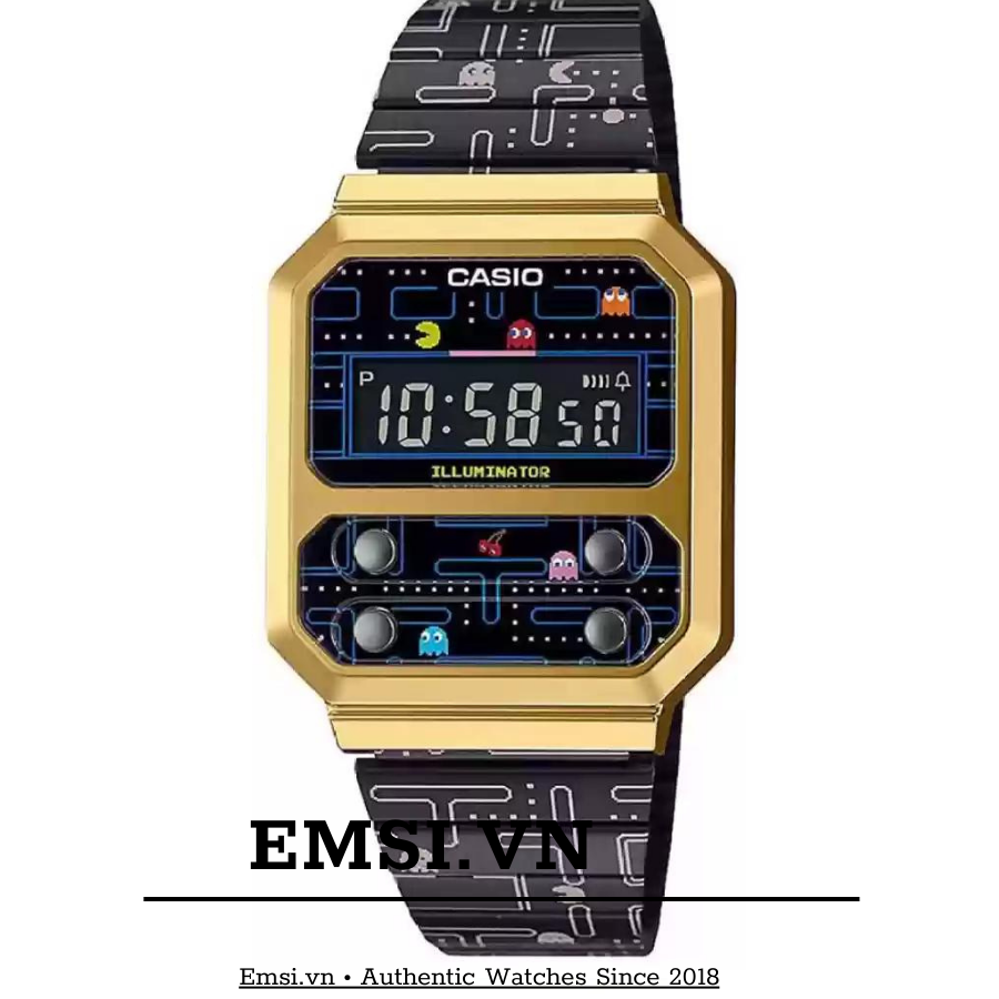 Đồng Hồ Casio 33mm Unisex A100WEPC-1BDR | Đồng Hồ Casio | PAC-MAN | Dây Kim Loại