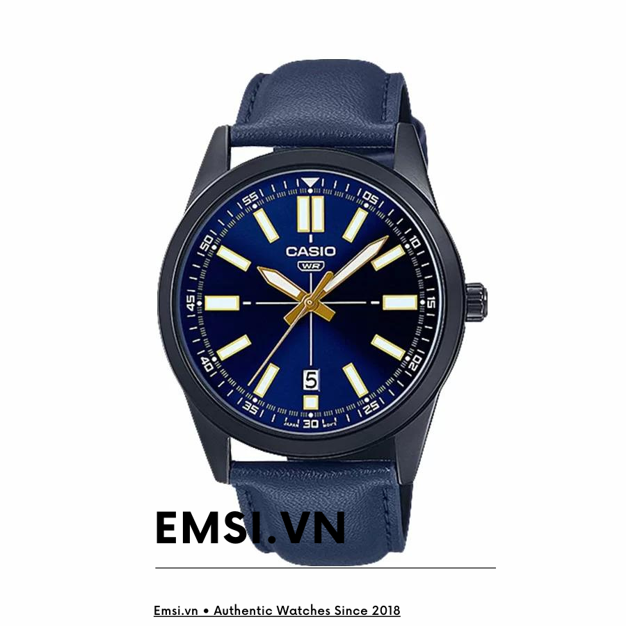 MTP-VD02BL-2E | Đồng Hồ Casio | Nam | Dây Da Màu Xanh | Vỏ Mạ Ion Đen | Chống Nước