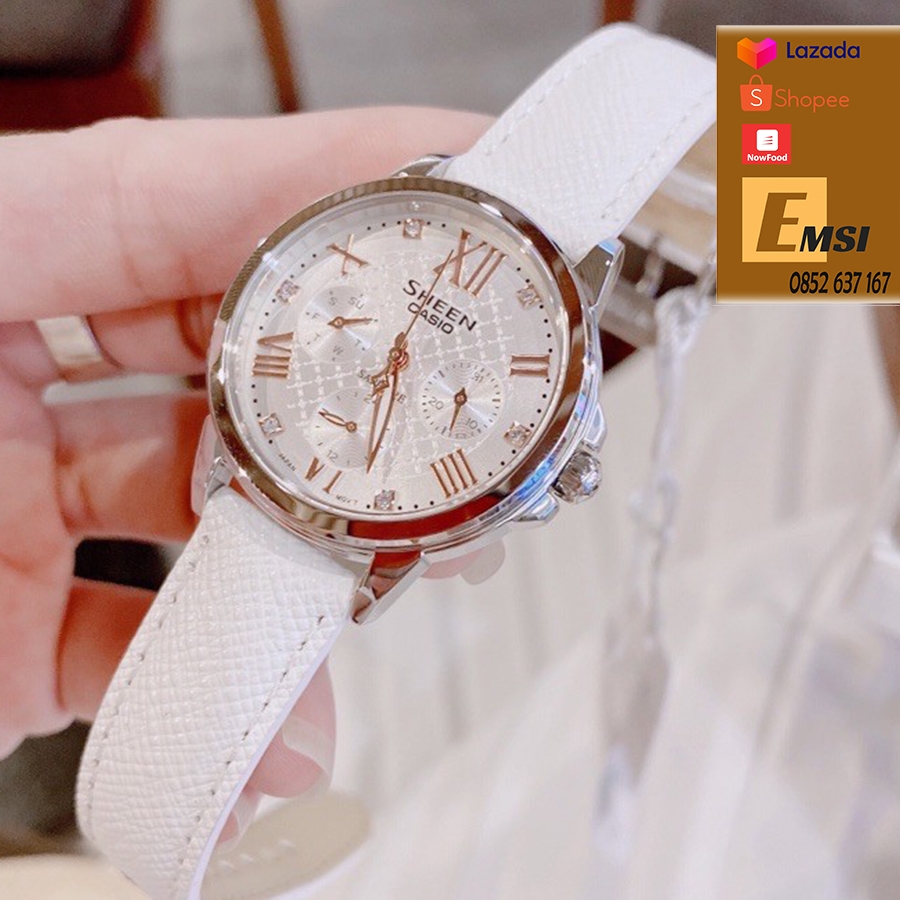 Đồng Hồ Nữ Casio Sheen SHE-3511L-7A Dây Da Thật Màu Trắng - Mặt kính Saphia