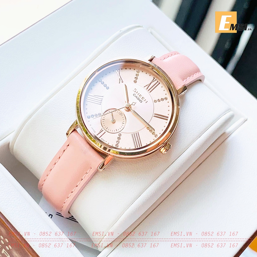Đồng Hồ Nữ Casio Sheen SHE-3066PGL-4AVDF Dây Da Màu Hồng - Viền Mặt Mạ Vàng