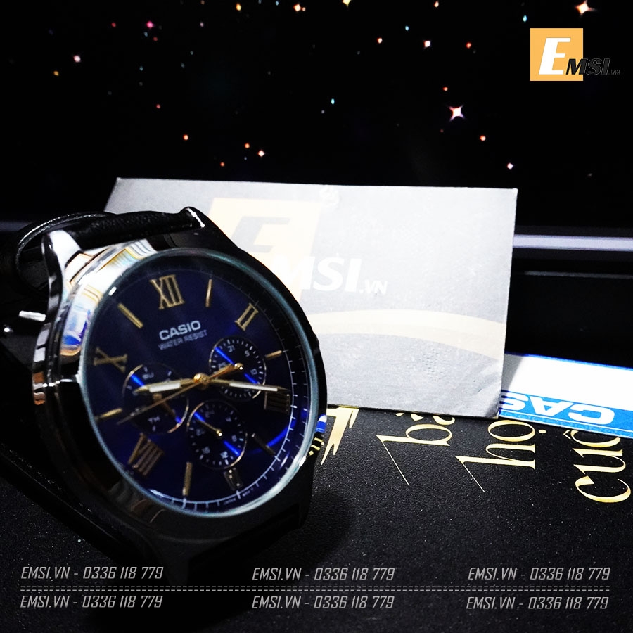 Đồng Hồ Nam Casio MTP-V300L-2A Dây Da Màu Đen - Nền Mặt Xanh - Mặt Số La Mã Mạ Vàng
