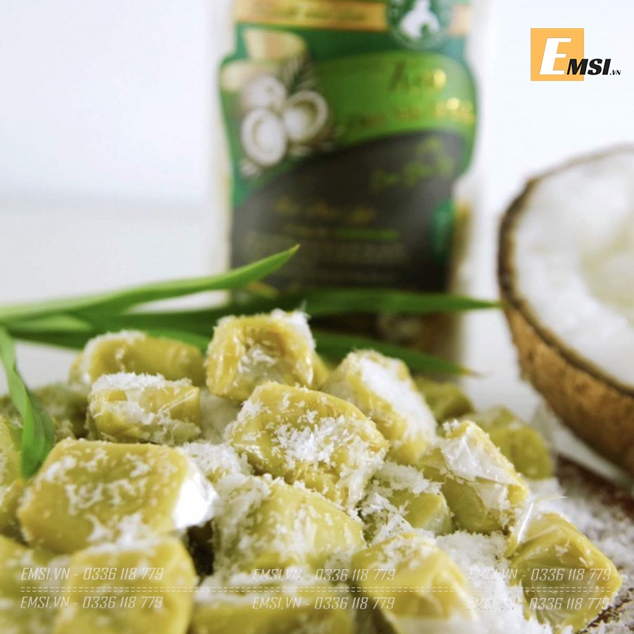 Đặc sản: Kẹo Dừa Sáp phủ cơm dừa sấy vị Lá Dứa 400gram