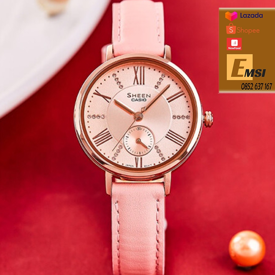 Đồng Hồ Nữ Casio Sheen SHE-3066PGL-4AVDF Dây Da Màu Hồng - Viền Mặt Mạ Vàng