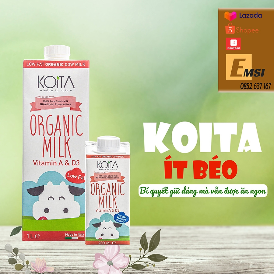 Thùng 24 hộp - Sữa bò hữu cơ ít béo Koita Milk 200ml