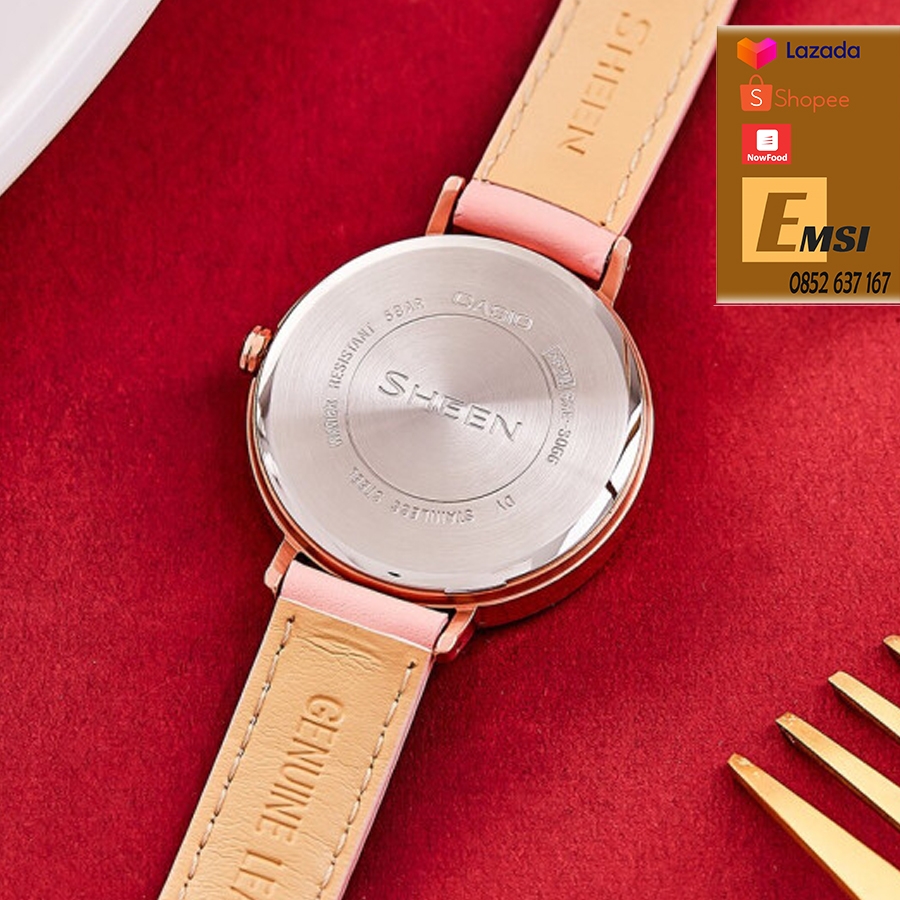 Đồng Hồ Nữ Casio Sheen SHE-3066PGL-4AVDF Dây Da Màu Hồng - Viền Mặt Mạ Vàng