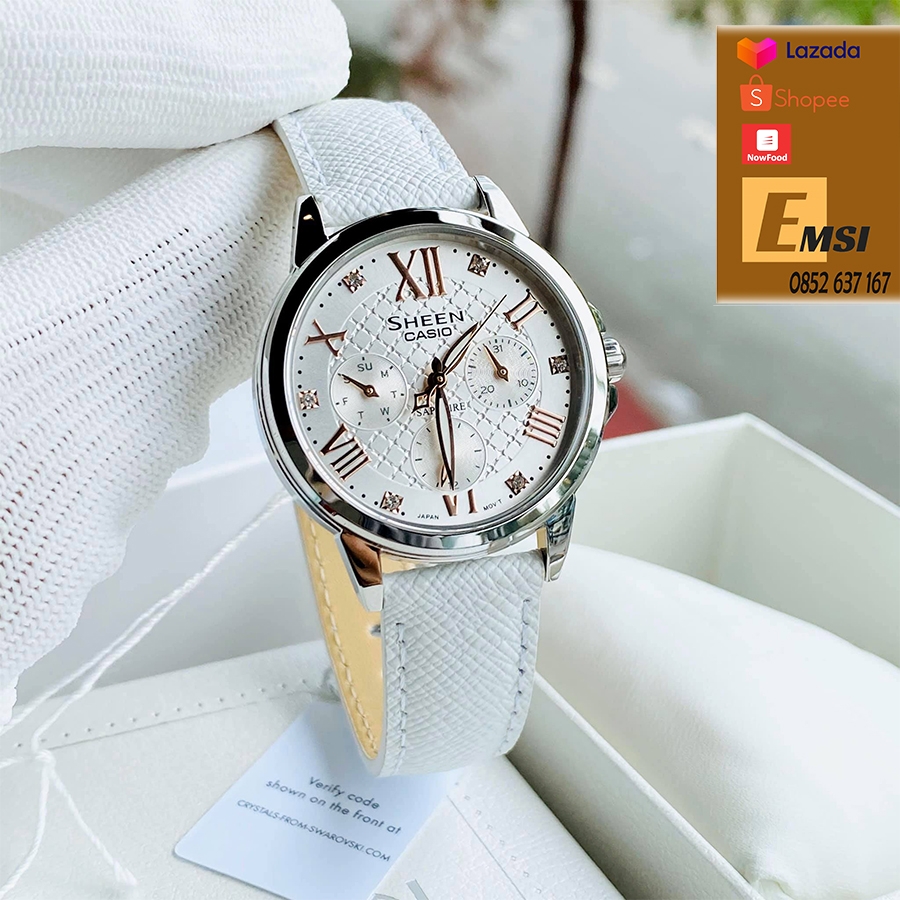 Đồng Hồ Nữ Casio Sheen SHE-3511L-7A Dây Da Thật Màu Trắng - Mặt kính Saphia