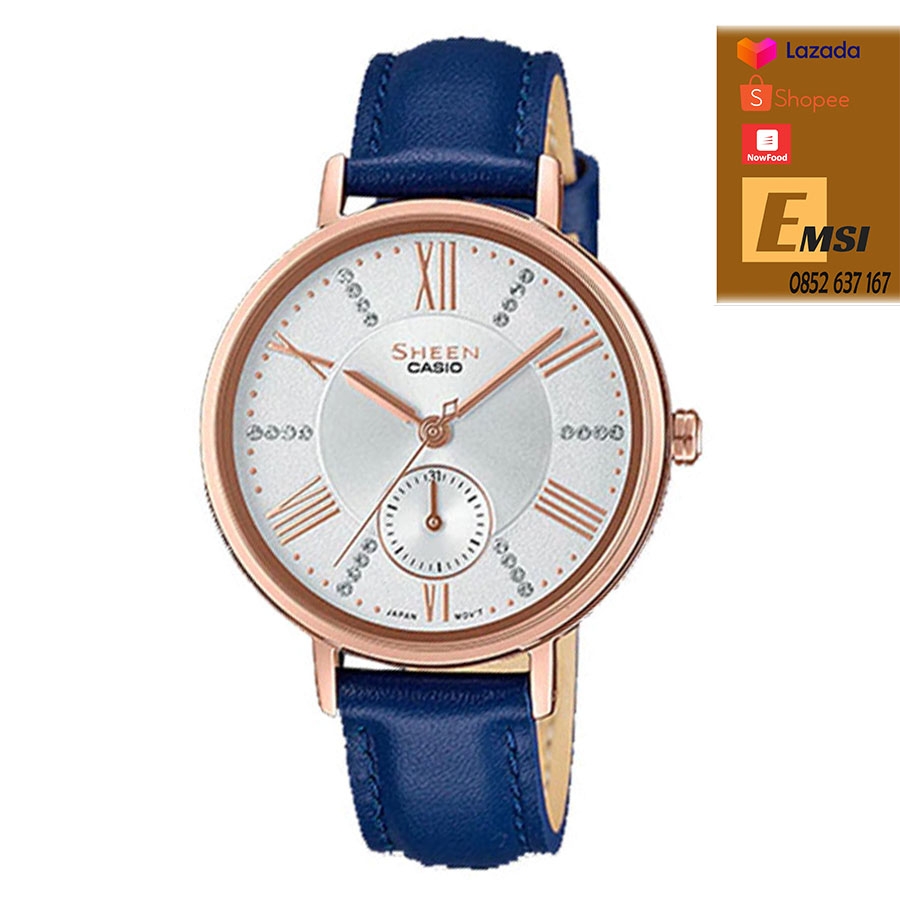 Đồng Hồ Casio Nữ Sheen SHE-3066PGL-7AVDF Dây Da Màu Xanh - Viền Mặt Mạ Vàng Hồng