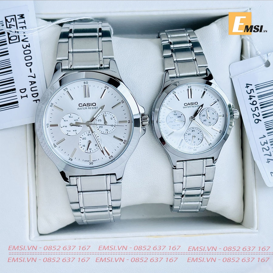 Đồng hồ cặp đôi Casio MTP-V300D-7A & LTP-V300D-7A Dây kim loại - Mặt trắng - Chống nước