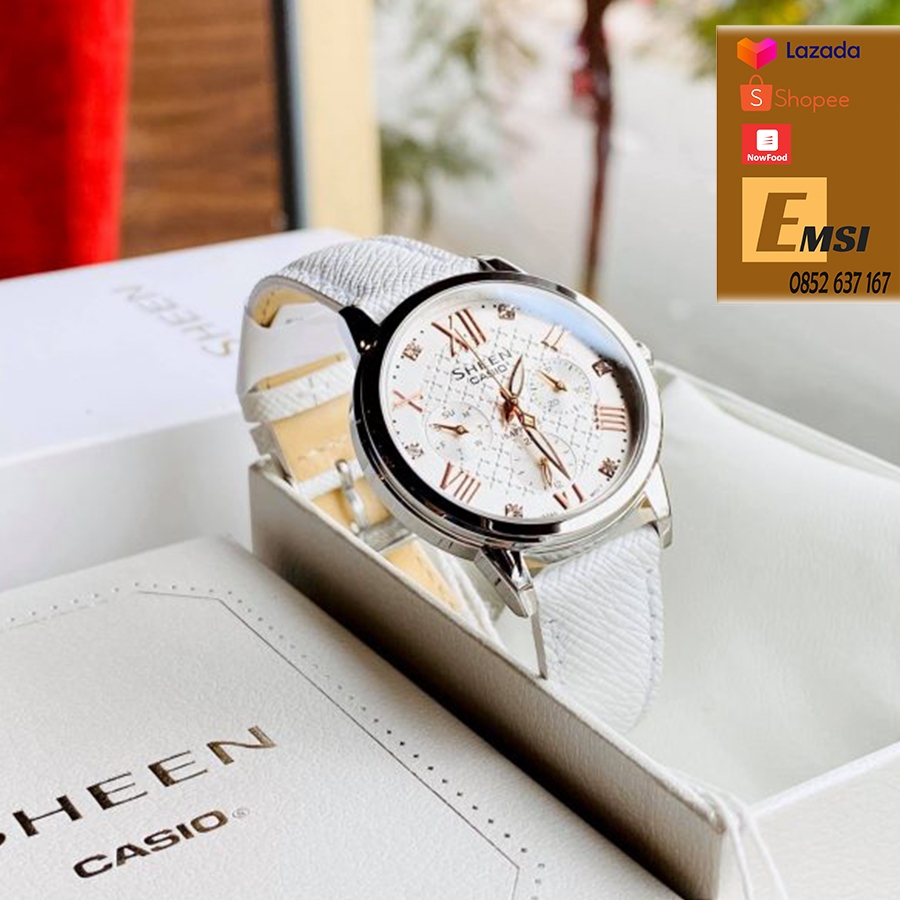 Đồng Hồ Nữ Casio Sheen SHE-3511L-7A Dây Da Thật Màu Trắng - Mặt kính Saphia