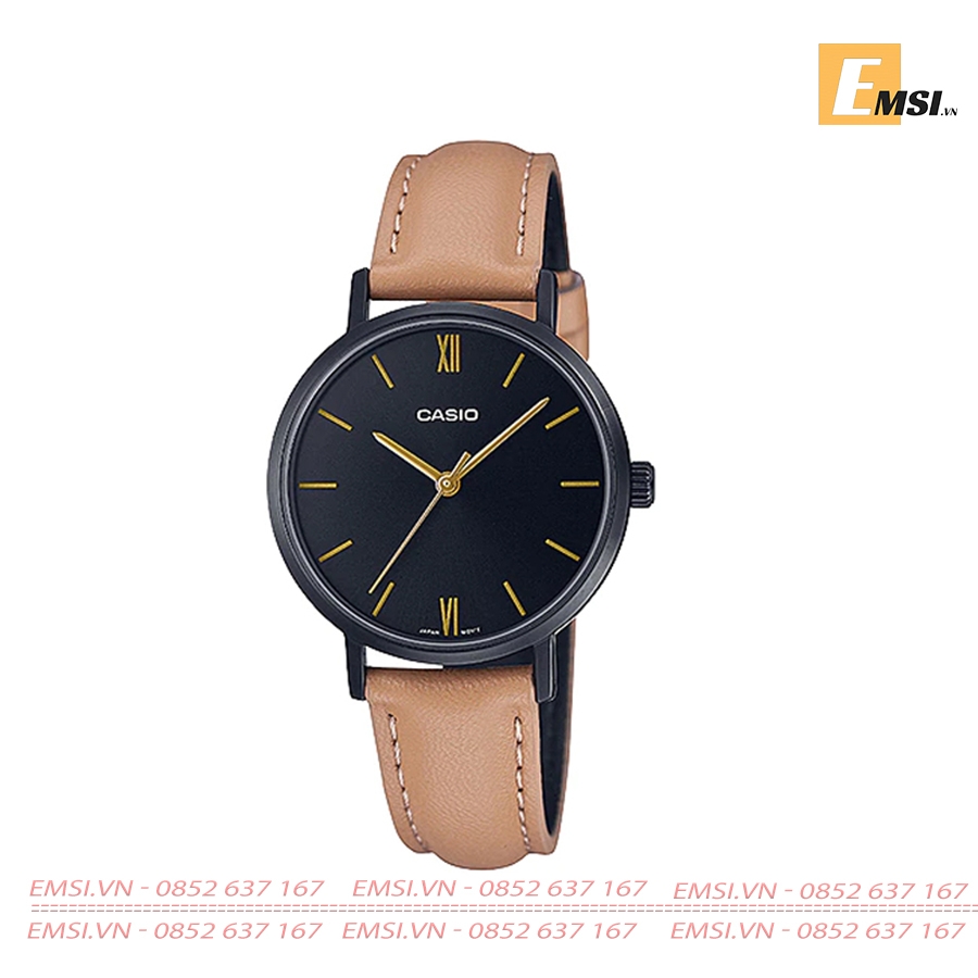 LTP-VT02BL-1A | Đồng Hồ Casio | Nữ | 3 Kim | Dây Da | Vỏ Mạ Ion Đen | Chống Nước