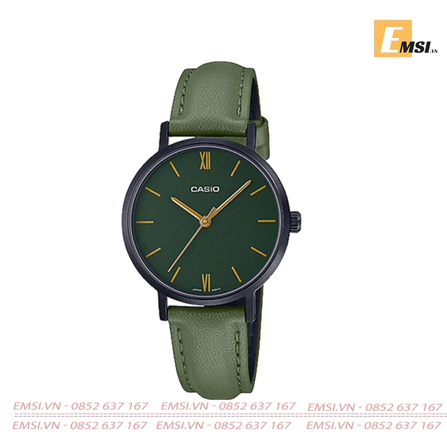 LTP-VT02BL-3A | Đồng Hồ Casio | Nữ | 3 Kim | Dây Da Màu Xanh | Vỏ Mạ Ion Đen | Chống Nước