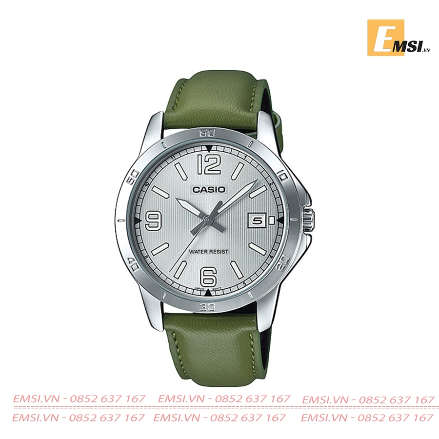 Đồng Hồ Casio Nam MTP-V004L-3BUDF Chống Nước - Dây Da Màu Xanh Rêu - Có Lịch Ngày