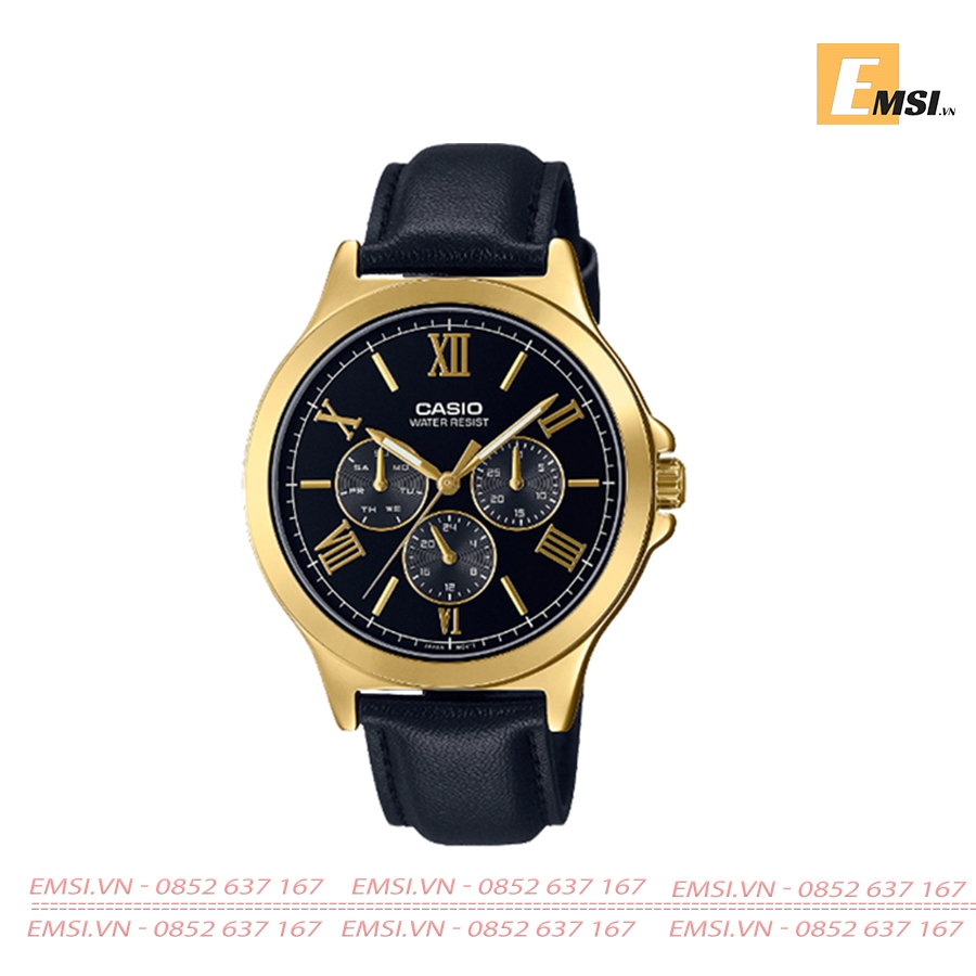 MTP-V300GL-1AUDF | Đồng Hồ Casio | Nam | Dây Da | Viền Mạ Vàng | Nhiều Kim | Chống Nước - Emsi.vn