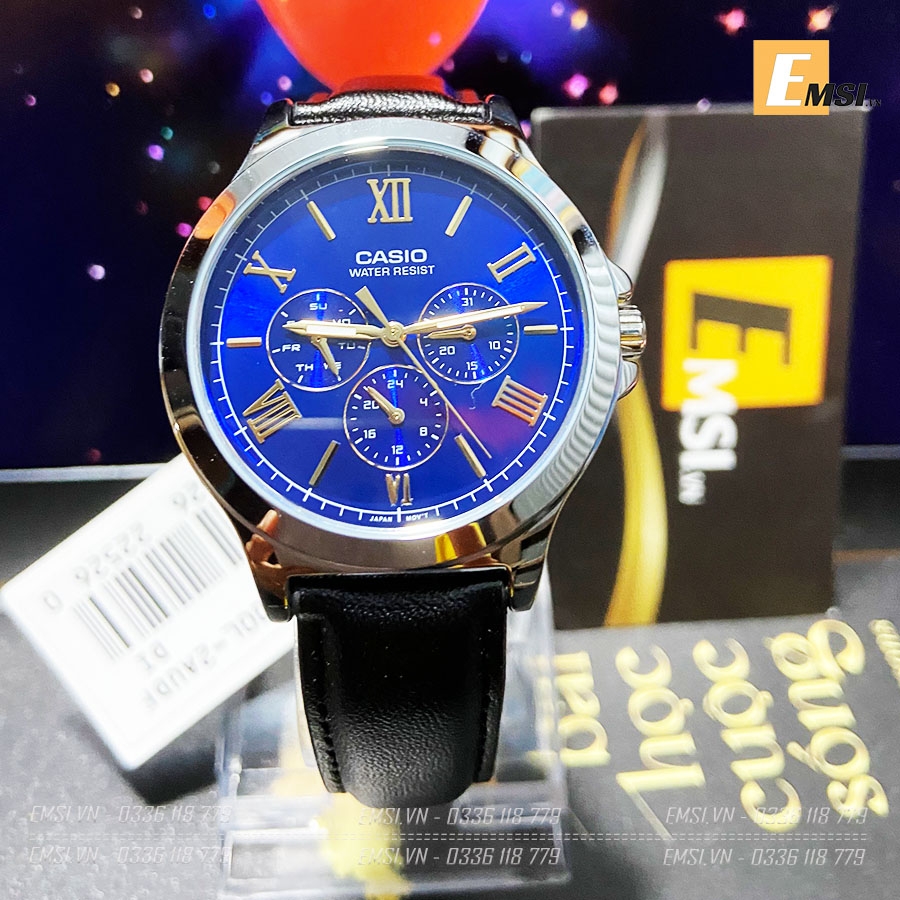 Đồng Hồ Nam Casio MTP-V300L-2A Dây Da Màu Đen - Nền Mặt Xanh - Mặt Số La Mã Mạ Vàng