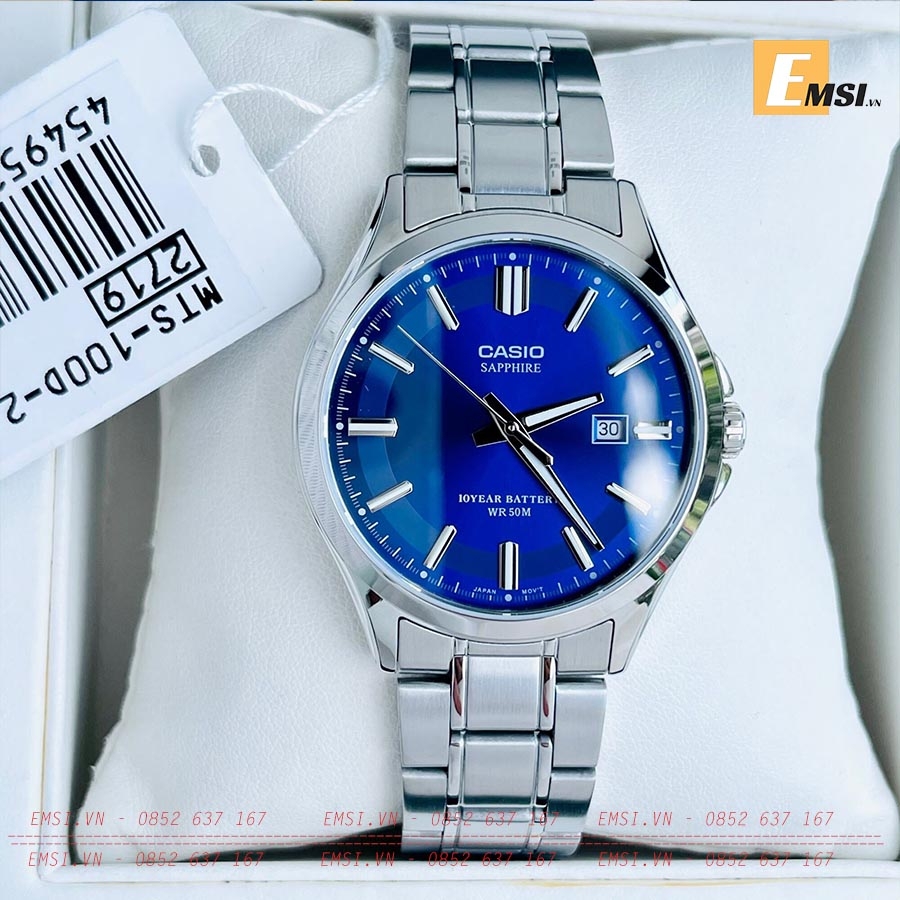 Đồng Hồ Casio Nam MTS-100D-2AVDF Dây Kim Loại - Nền Mặt Xanh - Kính Saphia - Tuổi Thọ Pin 10 Năm - Emsi.vn