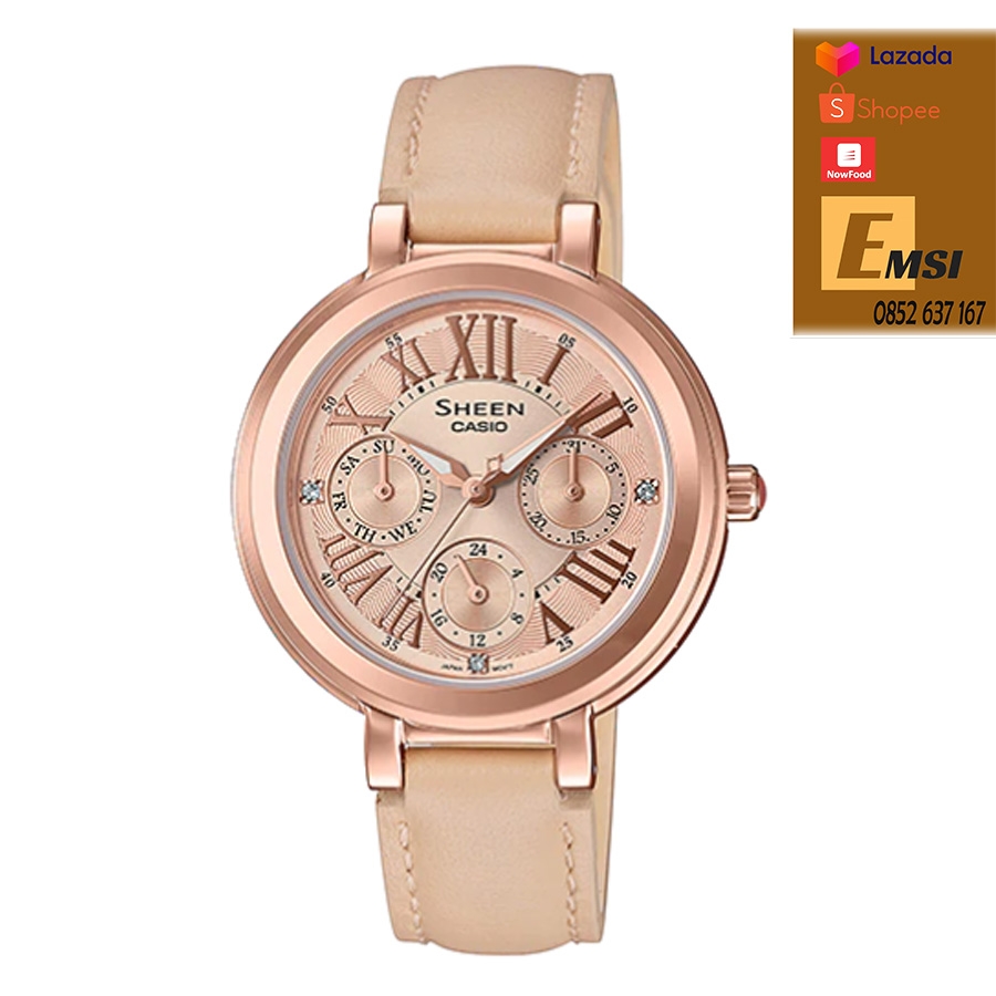 Đồng Hồ Nữ Casio Sheen SHE-3034GL-9A Dây Da - Viền Mặt Mạ Vàng Hồng