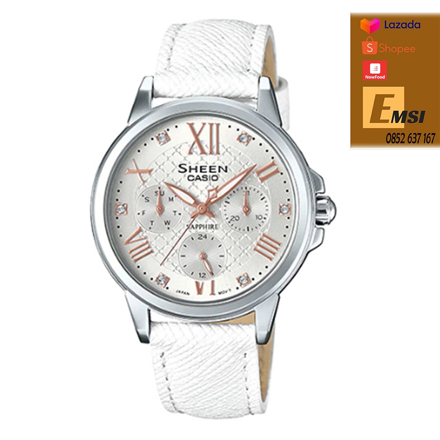 Đồng Hồ Nữ Casio Sheen SHE-3511L-7A Dây Da Thật Màu Trắng - Mặt kính Saphia