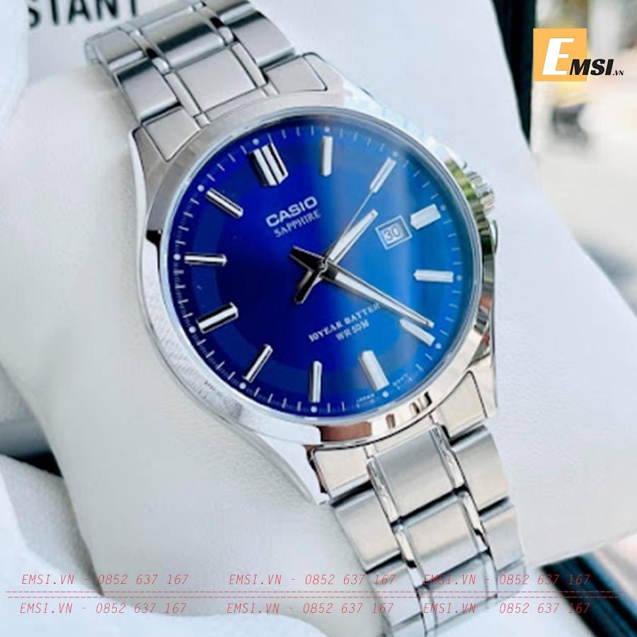 Đồng Hồ Casio Nam MTS-100D-2AVDF Dây Kim Loại - Nền Mặt Xanh - Kính Saphia - Tuổi Thọ Pin 10 Năm - Emsi.vn