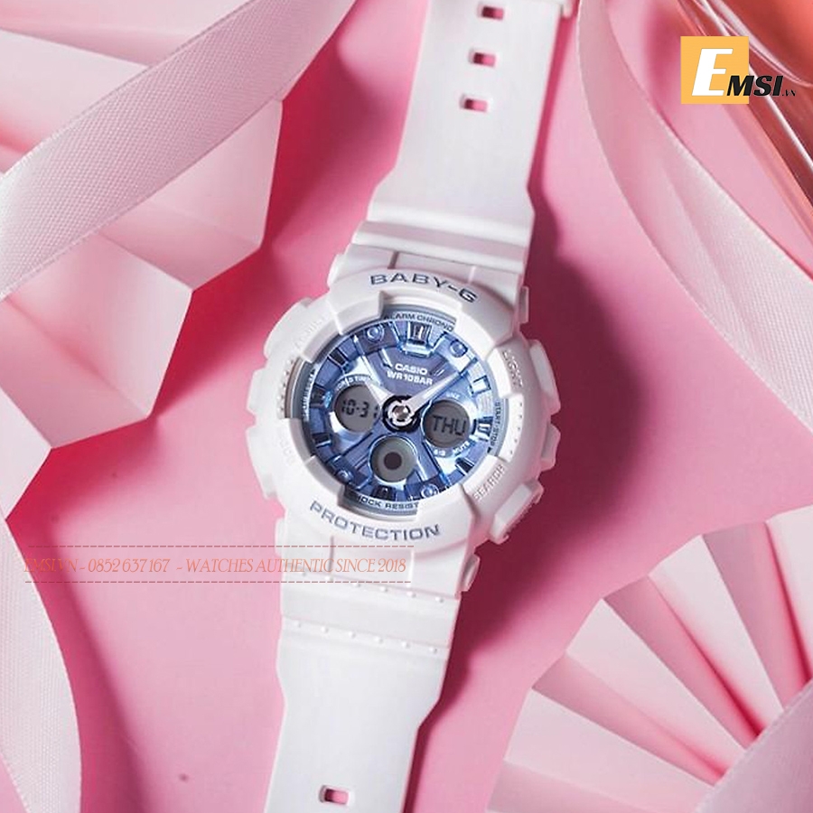 Đồng Hồ Nữ Casio Baby G BA-130-7A2 Dây Nhựa Màu Trắng - Nền Mặt Màu Xanh - Chống Nước 100m - Emsi.vn