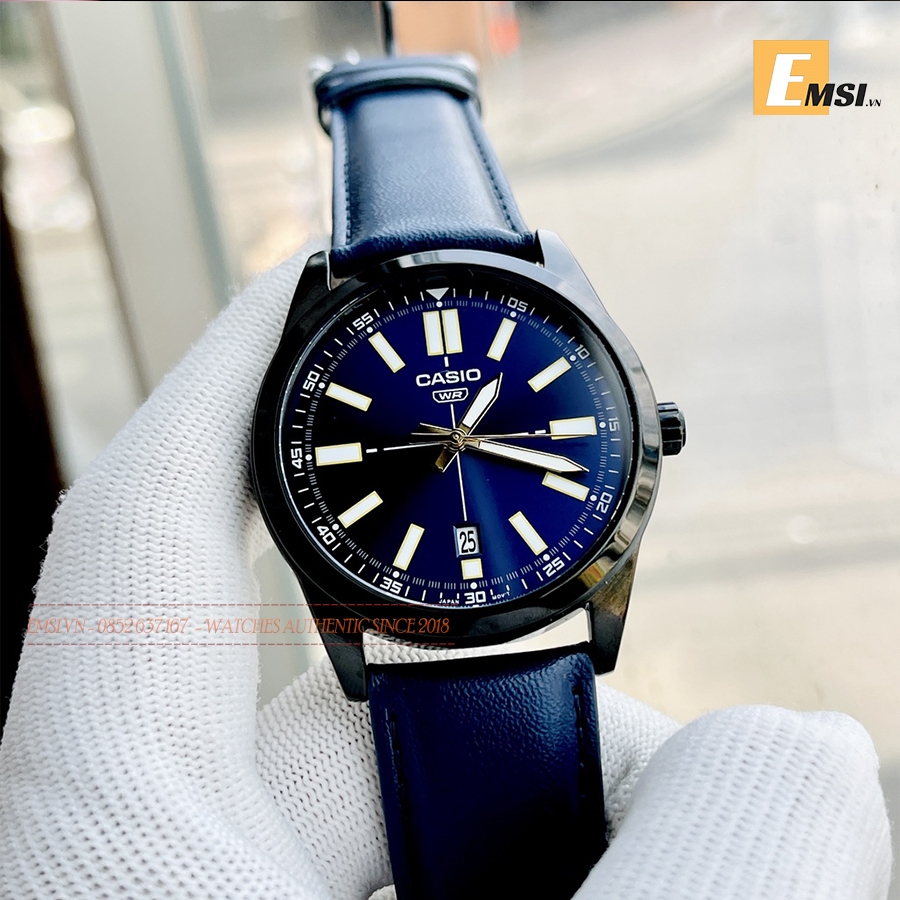 MTP-VD02BL-2E | Đồng Hồ Casio | Nam | Dây Da Màu Xanh | Vỏ Mạ Ion Đen | Chống Nước