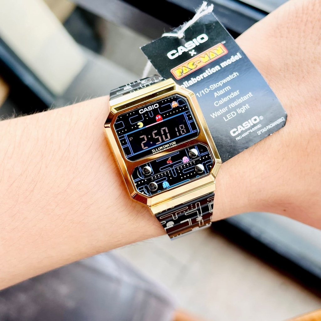 Đồng Hồ Casio 33mm Unisex A100WEPC-1BDR | Đồng Hồ Casio | PAC-MAN | Dây Kim Loại