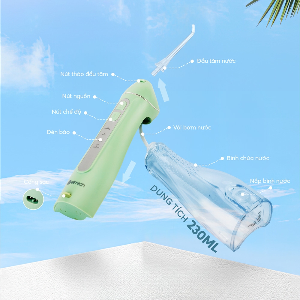 Máy tăm nước Elmich OIE-8452, Hàng chính hãng, 5 loại vòi phun, 4 mức áp lực nước, công nghệ sóng siêu âm - JoyMall