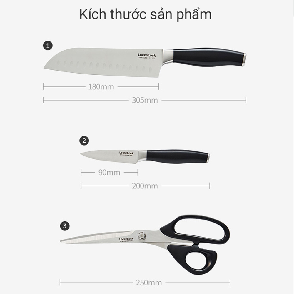 Bộ dao kéo nhà bếp LocknLock thép không gỉ CKK305 - Hàng chính hãng chuẩn Santoku, chống ăn mòn - JoyMall