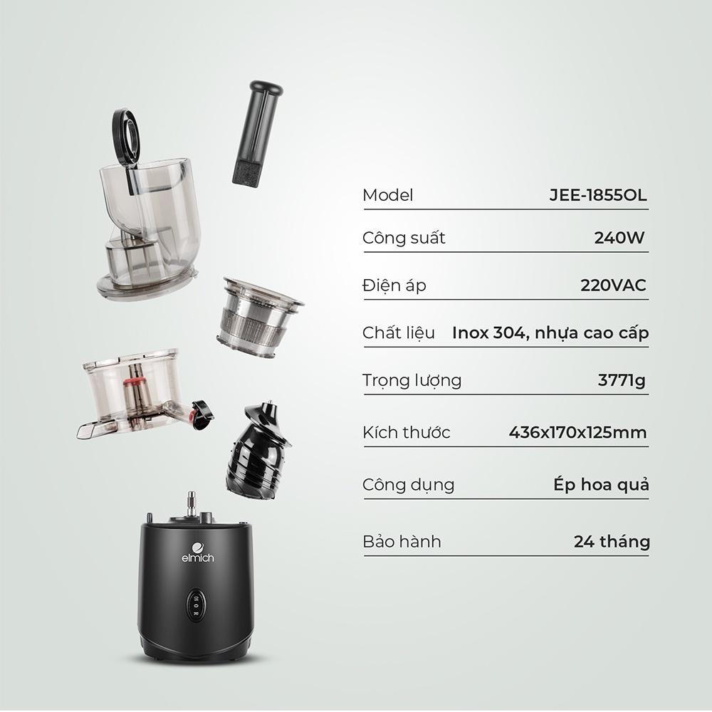 Máy ép chậm trái cây Elmich 1855OL, Hàng chính hãng, Ép êm ái độ ồn nhỏ hơn 65dB, 7 cấp độ ép, Miệng ép lớn - JoyMall