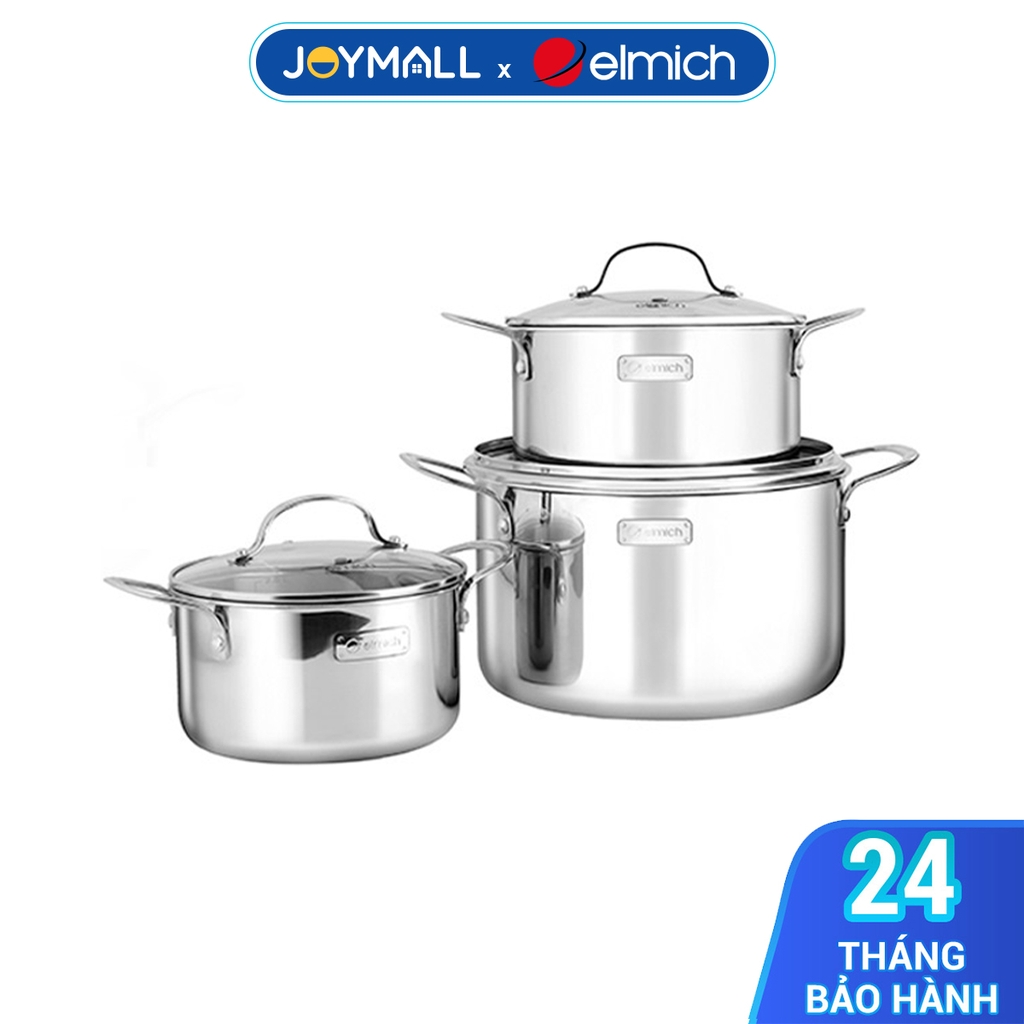 Bộ nồi inox 3 lớp đáy liền Elmich 2103OL size 18,20,26cm, Hàng chính hãng, dùng cho mọi loại bếp - JoyMall