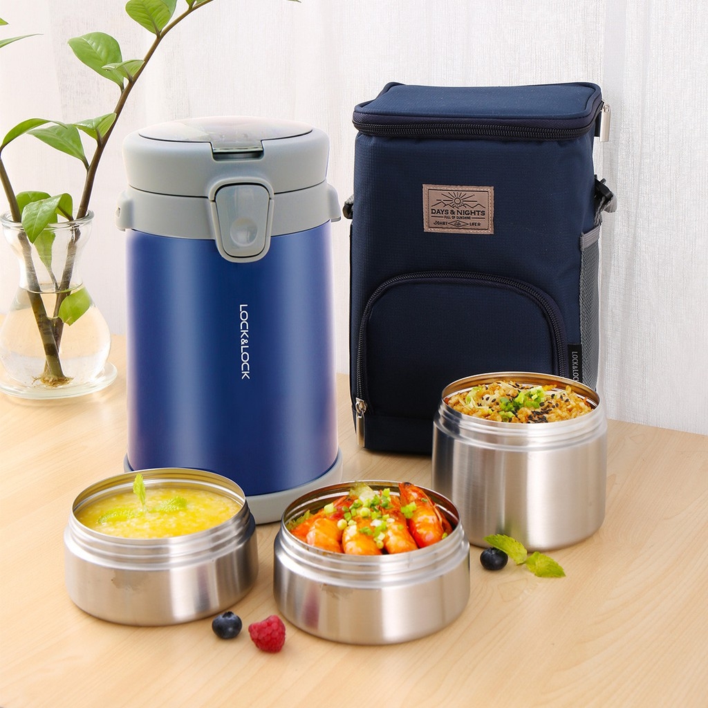 Bộ hộp cơm giữ nhiệt Lock&Lock Easy Carry 2L LHC8039 có túi (1 hộp 720ml, 2 hộp 420ml kèm 1 bộ muỗng nĩa) - JoyMall