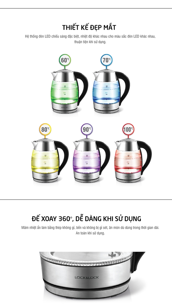 Ấm Đun Siêu Tốc Lock&Lock EJK341 (1.8L)- Thủy Tinh Chịu Nhiệt Cao Cấp, Đèn Thay Đổi Theo Nhiệt Độ, Hàng Chính Hãng, Bảo Hành 12 Tháng