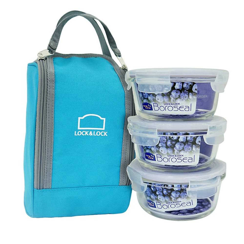 Bộ Túi Hộp Cơm Thủy Tinh Chịu Nhiệt 4EA Lock&Lock LLG821BS3 (380ml/Hộp) - Màu Xanh Dương - Hàng Chính Hãng - JoyMall