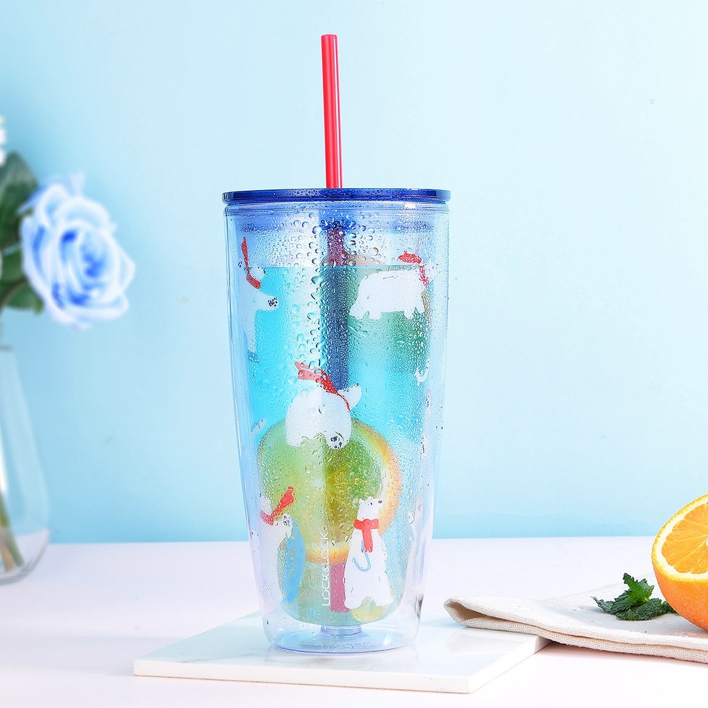 Ly nhựa 2 lớp LocknLock HAP507, HAP509 750ml - Hàng chính hãng, có ống hút,có nắp đậy - JoyMall