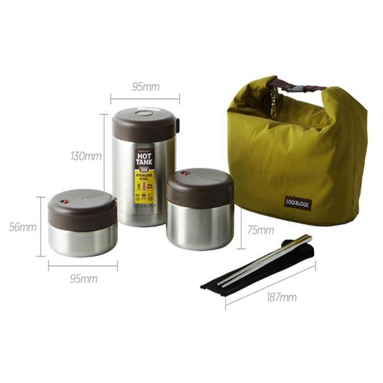 Bộ 3 hộp cơm giữ nhiệt Lock&Lock mushroom LHC8025SLV - Hàng chính hãng, có kèm túi và đôi đũa inox - JoyMall