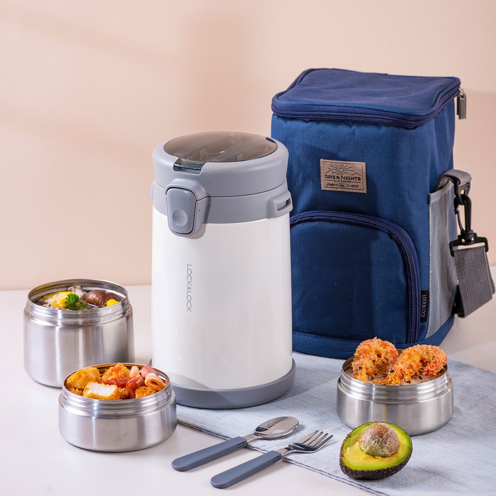 Bộ hộp cơm giữ nhiệt Lock&Lock Easy Carry 2L LHC8039 có túi (1 hộp 720ml, 2 hộp 420ml kèm 1 bộ muỗng nĩa) - JoyMall